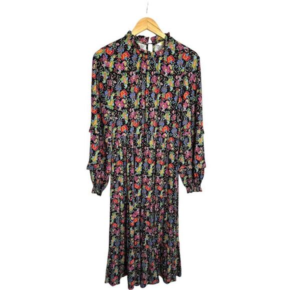 Boden Dress Size 8P Maxi Stretch Crewneck Ruffle Tier Long Sleeve Floral Modest - Picture 1 of 11